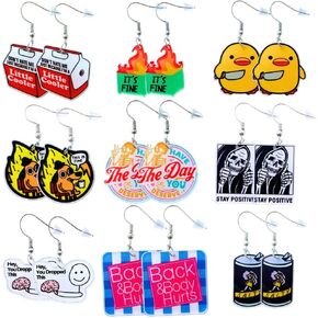 9PC Funny Earrings Pack Earring Jewelry Fun Cute Weird Unique Novelty Kawaii Funky Silly Wacky Whimsical Crazy Eccentric Quirky Sarcastic Meme Duck Dumpster Fire Dangling Dangle Women Gifts