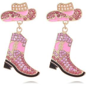 Colorful Rhinestone Western Boots Dangle Drop Earrings for Women Boho Cowgirl Cowboy Enamel Hat Boot Earrings Country Concert Party Outfits Jewelry Gift