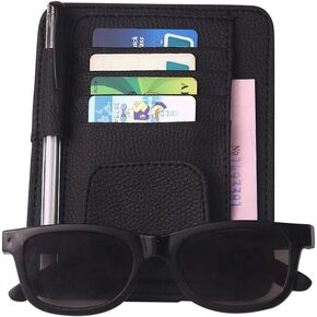 Car Sun Visor Organizer, Leather Card Sleeve Pocket Organizer, Multifunctional Auto Visor Document Holder with Sunglasses Clip, Universal Car Interior Organizer for Driving License, Pen (Small-Black)