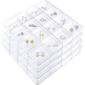 4 PCS Stackable Jewelry Organizer Tray, Plastic Storage Box 16 Grid (1.57''), Clear Organizer Tray for Drawer Dresser Vanity Desk, Jewelry Storage Box for Necklaces Bracelets Bangles Rings Earrings