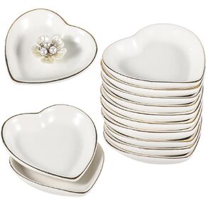12 PCS Heart Shaped Trinket Dishes, Ceramic Jewelry Trays for Earrings Necklaces Bracelets, Engagement Wedding Ring Dish, Elegant Golden Edge