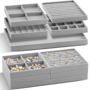 Set of 10 Stackable Velvet Jewelry Tray for Drawer 14in Stackable Jewelry Organizers and Storage with Removable Divider for Necklace Earring Ring Watch Bangle Bracelet Holder Retail
