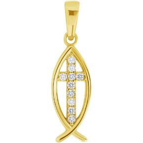 14k Yellow Gold Ichthus Cross Charm Christian Fish Symbol Pendant with Cubic Zirconia