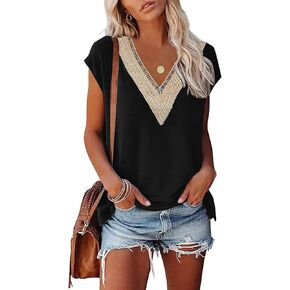Womens Cap Sleeve Summer Tops 2025 Trendy Tank Tops Lace V Neck Loose Fit Shirts