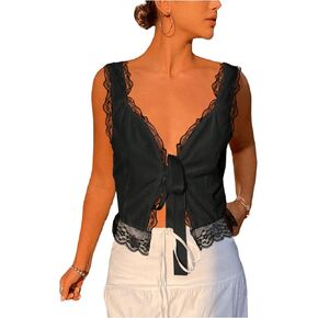 Soly Hux Women's Y2K Lace Trim Open Tie Tie Bront Top Top V Deceveless Tops