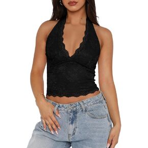 REORIA Womens Sexy V Neck Lace Halter Backless Going Out Double Lined Y2K Trendy Cropped Tank Tops