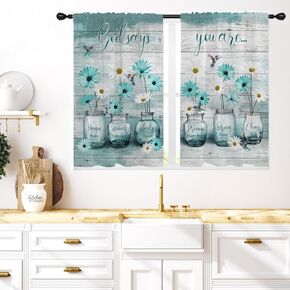 Coxila Teal Floral Kitchen Window Curtains 27.5 x 39 Inch Small Short Mini Cafe Rod Pocket Turquoise Aqua Flower White Daisy Fun Living Bedroom Room Home Treatment Set of 2 Curtain Panels Drapes Tiers
