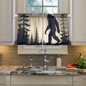 Kitchen Window Curtains Semi Sheer Silhouette of Sasquatch Print for Bedroom Bathroom Kitchen RV Protection, Half Window Shade 27×24 in per Panel