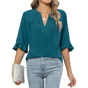 Blooming Jelly Women's Dary Casual Casual Tops Tops Summer Tunic 3/4 طول الأكمام الخامسة لألعاب اتجاهات العنق
