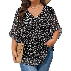 Siddhe Womens Plus Size Tops Ruffle 3/4 Sleeve Tunic Tops Chiffon V Neck Summer Shirt Blouses 2025