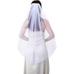Geyoga Wedding Bridal Veil 1 Tier Pearl Wedding Bridal Tulle Veils White Hair Accessories with Comb