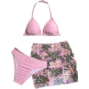 MakeMeChic Girl's 3 Piece Bikini Set Halter Triangle Bathing Suit Leopard Floral Cover Up Skirt