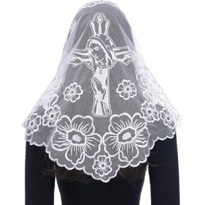 Bozidol Catholic Veils for Church Women: Triangle Virgin Mary Cross Camellia Embroidered Lace Veil, Religious Veils for Mass