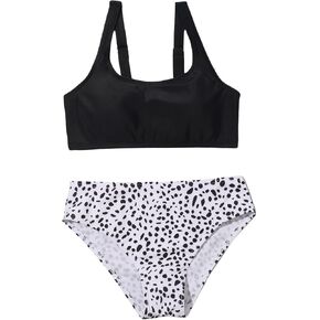 COZYEASE Girl's 2 Piece High Waisted Swimsuit Dalmatian Print Scoop Neck Bathing Suit Wireless Beachwear
