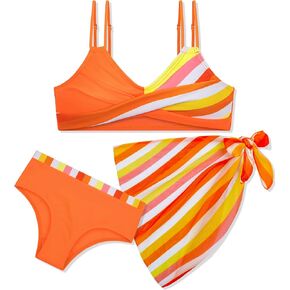 3 Piece Girls Swimsuits Bathing Suit Bikini Set V Neck Twist Cross Swimwear with Cover Up Skirt for Teens 9-15T
