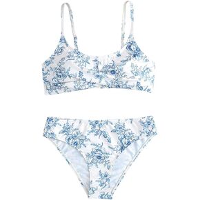 SHENHE Girl's 2 Piece Swimsuits Twist Front Floral Print Scoop Neck Adjustable Strap Boho Bathing Suits