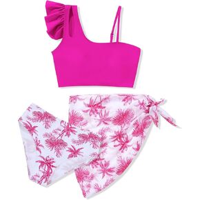 Girls Swimsuits Bikini Set, Bathing Suits 3 Piece Tropical Floral with Stylish Ruffle Strap and Cover Up Skirt for 9-16T