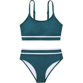 Girls 2 Piece Swimsuit Ribbed Bathing Suits Color Block Adjustable Strap Bikini Set for Teens Girls Swim Suit