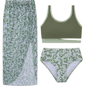 Girls Swimsuit Bikini Set 3 Piece Bathing Suit Tropical Floral Swimwear with Cover Up Skirt 9-16Y