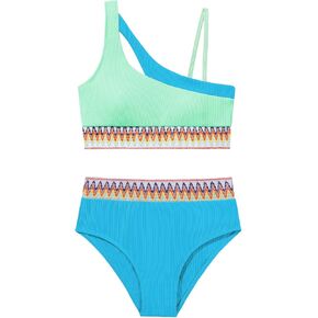 Weixinbuy Girls Swimsuits Bikini Set, Kids Bathing Suit High Waisted Girls' Swimwear Color Block Two Piece Swim Suits