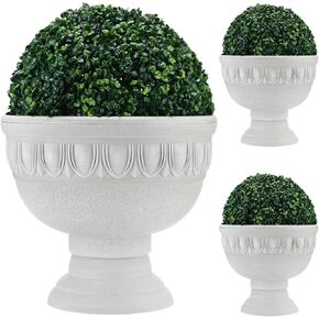 2 Set 14" Dia x 12.4" H Plastic Planters with 2 Artificial Topiary Ball Classic Flower Pots Faux Boxwood Ball for Indoor Front Porch Garden Patio Roman Style Large Imitation Stone Decorative