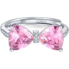 Pink Bow Rings for Women 925 Sterling Silver 14K Gold Plated Cute Dainty Cubic Zirconia Promise Rings for Her Open Adjustable Stackable Rings Jewelry Birthday Graduation Gifts