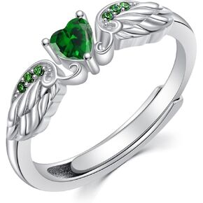 925 sterling Silver Angel Wing Heart Ring for Women High Polish Angel Memorial Ring مع Emerald Green Gemstone Stone Breath Ring Ring Zirconia Mothers Mots