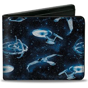 Paramount Network Wallet, Bifold, Star Trek Spaceship Fleet in Space and Title Logo Blues, Vegan Leather