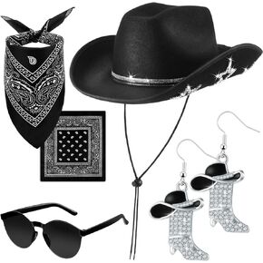 Hercicy 4 Pcs Cowgirl Costume Set with Hat Sunglasses Bandana and Earrings Star Cowboy Accessory for Women Men Cosplay Party