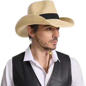 Straw Cowboy Hat for Men Women Western Cowgirl Hats with Shapeable Wide Brim for Beach Sun Summer