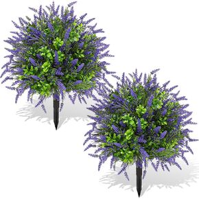Artificial Topiary Lavender Ball Tree Outdoor Plants with Ground Spike 22"- UV Resistant Faux Shrubs, Eucalyptus Fake Plants for Indoor & Garden, Yard, Porch, Patio Decor
