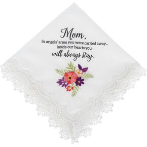Ganz Embroidered Keepsake Bereavement Memorial Handkerchief With Lace Trim 12 x 12 Inch Polyester Floral Mom in Our Hearts