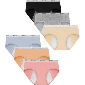 Period Underwear for Teens and Girls, Menstrual Cotton panties, Leak-Proof Protective Hipster Brief, 6 Pack