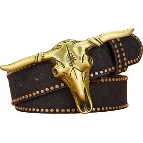 1PCS Western Cowboy Belt Buckles for Men PU Leather Buckle Belt Vintage Bullhead Belt 125cm/4.1ft