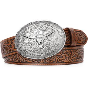 LEACOOLKEY Men's Leather Belt Western Cowboy Leather Belt for Jeans Pants Snap Belt with Detachable Buckle