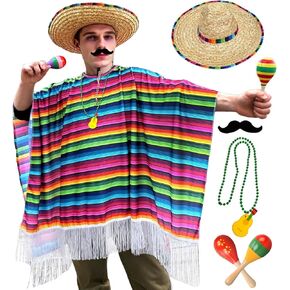 6pcs Mexican Poncho Sombrero Hats Cinco De Mayo Outfit Mariachi Costume Adult Maracas Fake Mustache Necklace Halloween