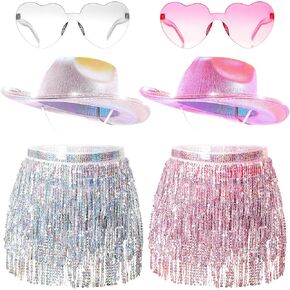 Taiyin 6 Pcs Light up Holographic Space Cowgirl Hat Fringe Sequin Skirts Heart Shaped Sunglasses Cowgirl Outfit