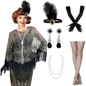 6 PCS 1920s إكسسوارات أزياء الزعنفة المحددة للنساء إكسسوارات Gater Gatsby مع مجموعات شال ذات مهينة عتيقة مجموعة أسود