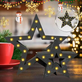 Wooden Christmas star Tabletop Decor，Light up Xmas Desktop Ornament with Timer, 6 Hours On and 18 Hours Off, Five-pointed star 13.8in 2AAA Battery Powered for Xmas Holiday fireplace Centerpieces Décor