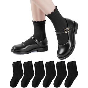 HONGTEYA 6 Pairs Girls White Ruffle Socks School Uniform Dress Socks for Kids Seamless Crew Ankle Cotton Size 4-10 Years