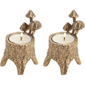Nikky Home Mushroom Candle Set من 2 ، حاملي شموع لطيف لزخارف طاولة مركزية ، وقصة زخرفية لشموع الشاي الخفيفة ، والشموع النذرية ، وديكور كوتاجكور - الذهب - الذهب