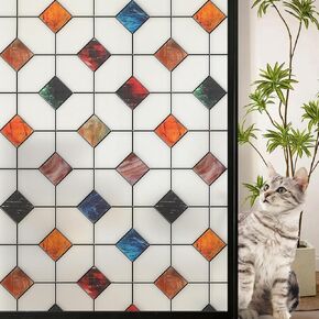DKTIE Stained Glass Window Film Geometric Patterns, Fine Frosted Window Clings for Glass Windows, Waterproof for Bathroom Window Privacy Film Day and Night (B533-UV7, 35.4 x 78.7 Inches)