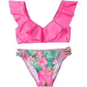 SHENHE Girl's 2 Piece Swimsuit Tropical Floral Print Ruffle V Neck Bathing Suit Bikinis