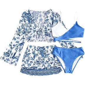 Girl's 4 Piece Bikini Set Floral Criss Cross Color Block Swimsuit Bathing Suit with Cover Up
