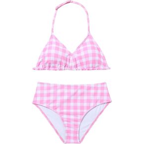 WDIRARA Girl's 2 Piece Swimsuits Cute Plaid Halter High Waisted Bikini Beach Sport Bathing Suit
