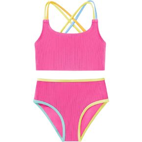 Girl's 2 Piece Bikini Set Toddler Color Block Criss Cross Bathing Suits High Waist Swimwear Cute Swimsuit for 18M-6Y
