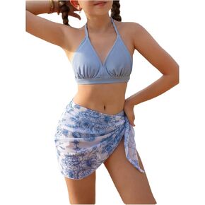 Verdusa Girl's 3 Piece Floral Halter Bikini Set Beach Bathing Suit with Cover Up Skirt