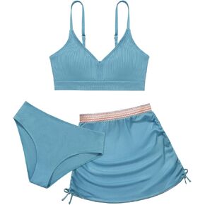 ESHOO Girls Swimsuits Kids 3 Piece Bathing Suit Teen Girls Bikini Swimwear with Drawstring Cover Up Skirt Beach Swimwear