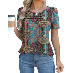 Ivicoer Womens Summer Tops Short Puff Sleeve Dary Disy Disual Crew Neck Plateed T Shirts فضفاضة ملائمة الربيع سترة