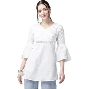 ADA الهندي يدوية مطرزة Chikankari angrakha القطن تونك TOP Kurti للنساء A911210 الأبيض